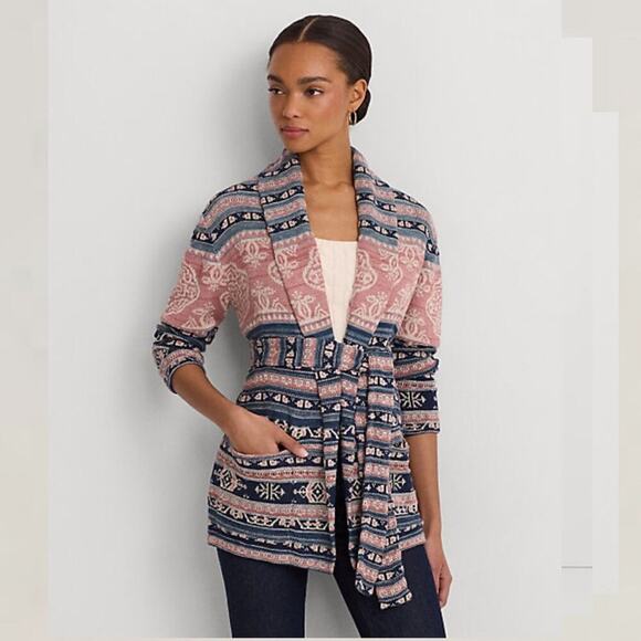 Lauren Ralph Lauren Aztec Southwest Print Style Belted Cardigan - Picture 2 of 16